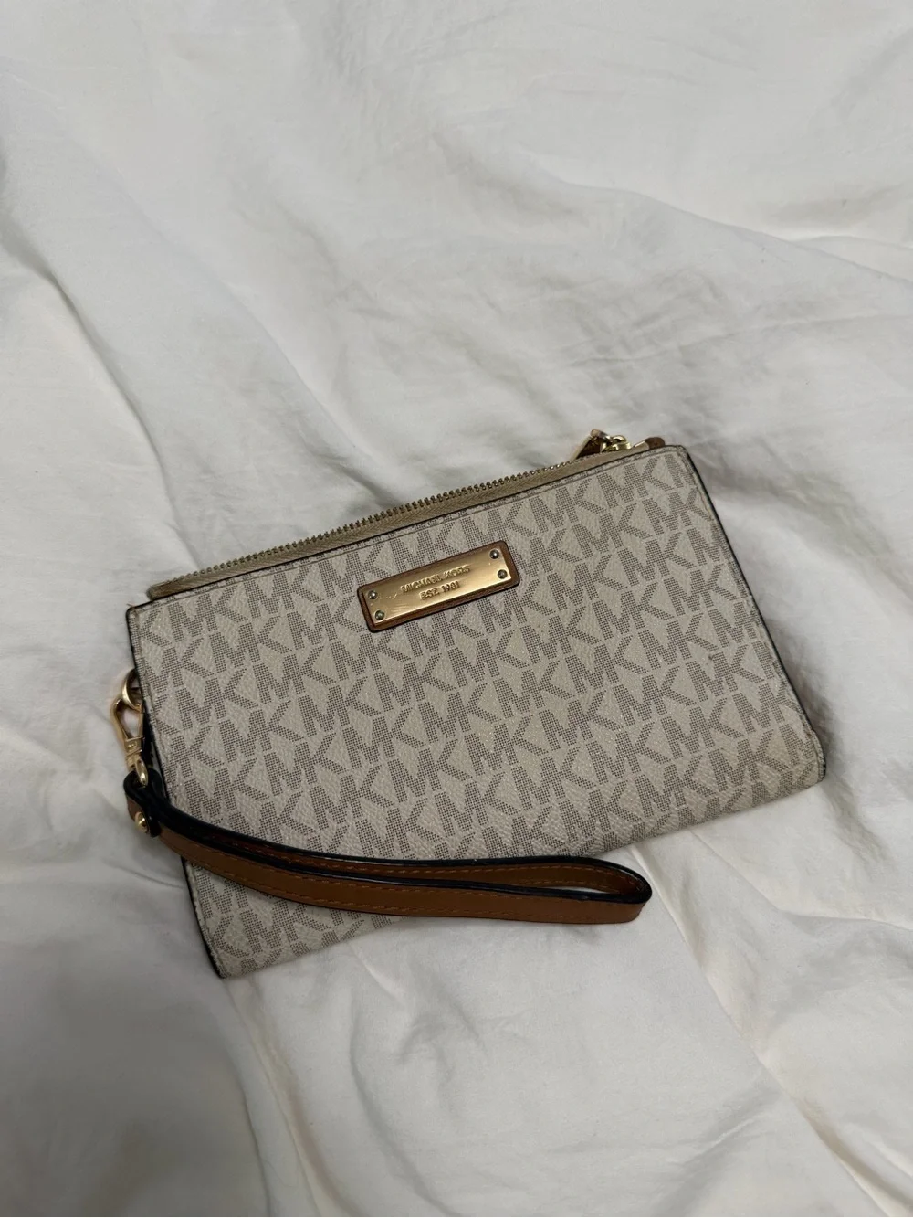 Michael Kors Taupe Signature MK Wristlet Clutch with Brown Strap